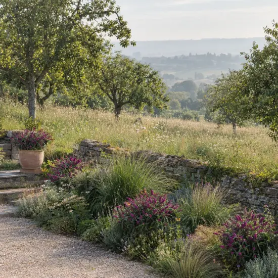 Buddleia 'Butterfly candy little magenta' (Buddleja davidii) — massif fleuri le long d'un muret en pierre