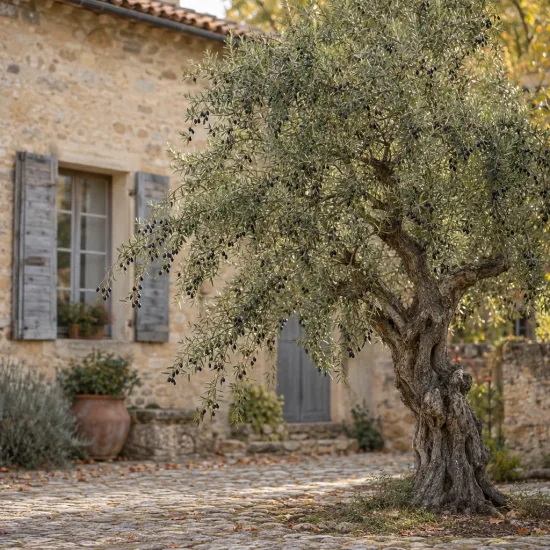 Olivier de nice 'Caillette' (Olea europaea) — arbre au tronc noueux devant maison en pierre · Photo d'illustration