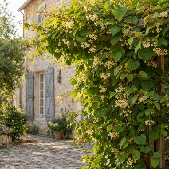 Kiwi 'Male' (Actinidia) — liane grimpante fleurie sur pergola devant maison