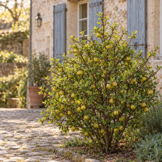 Cognassier à fleurs 'Crimson and gold' (Chaenomeles superba) — arbuste chargé de fruits jaunes devant maison en pierre