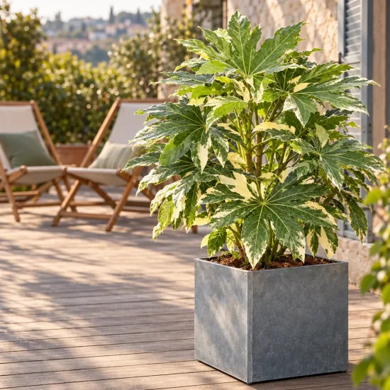 Fatsia 'Variegata' (Fatsia japonica) — grand arbuste panaché en pot sur terrasse · Photo d'illustration