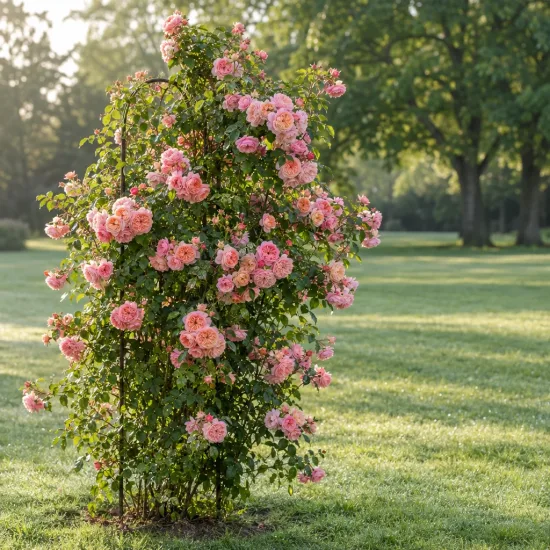 Rosier 'Pirouette' — grand rosier grimpant fleuri sur arceau métallique · Photo d'illustration