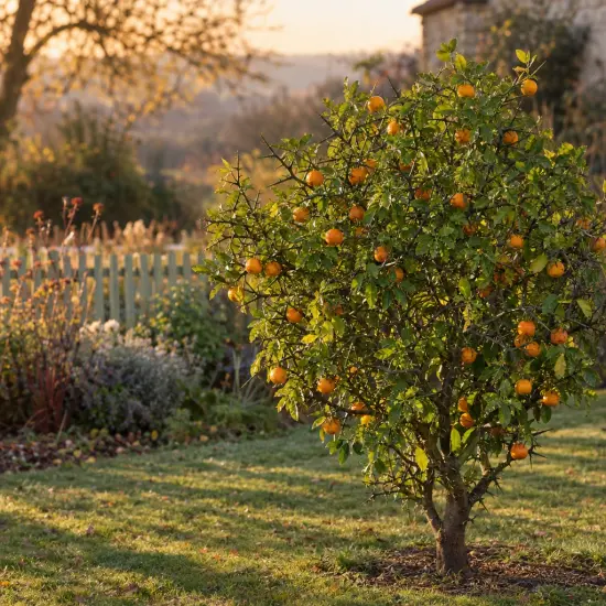 Citroncirus 'Sunki' (Citroncirus trifoliata) — petit arbuste fruitier rond dans un jardin