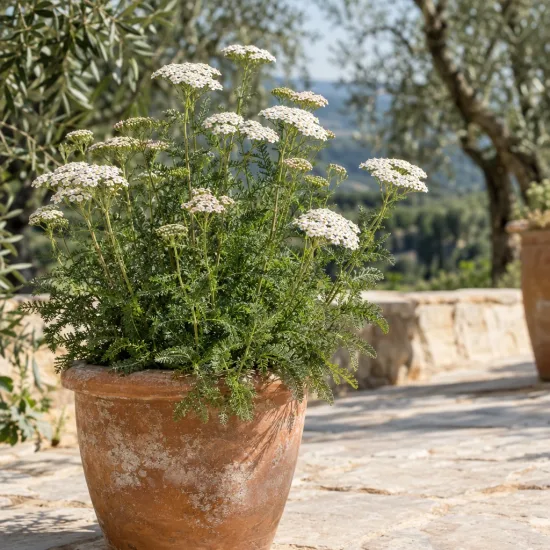 Achillée (Achillea millefolium) — touffe dense en pot, ombelles blanches fleuries · Photo d'illustration