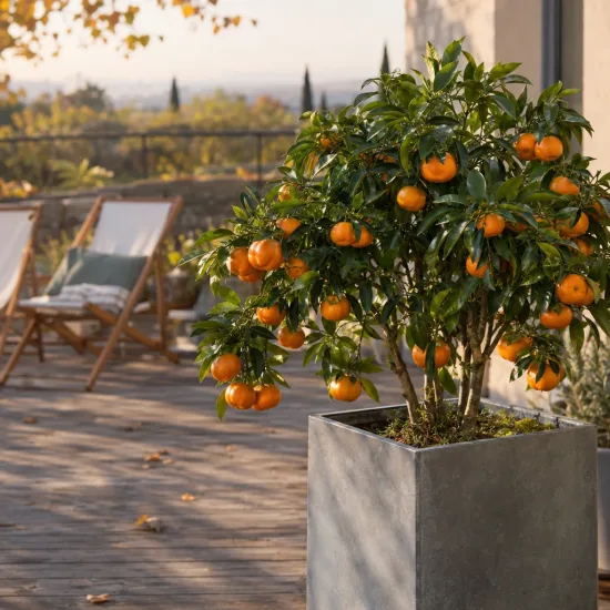 Mandarinier satsuma unshui (Citrus unshui) — petit arbre fruitier en pot sur terrasse · Photo d'illustration