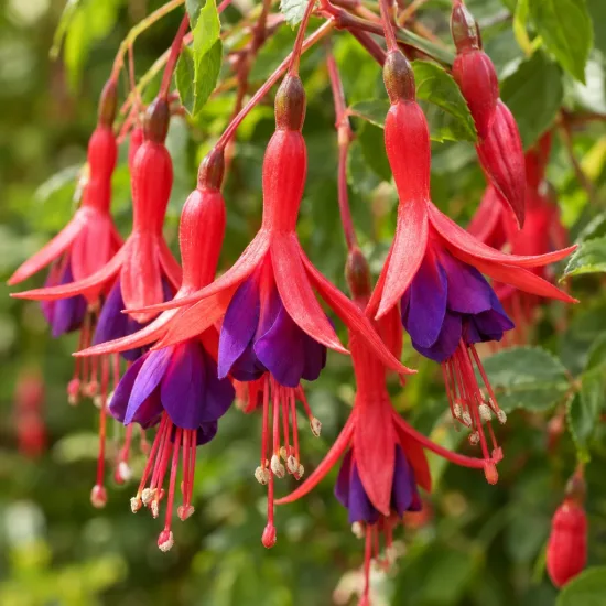 Fuchsia 'Riccartonii' (Fuchsia riccartonii) — grappes de fleurs retombantes rouges et violettes