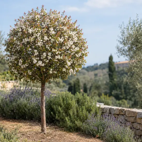Cerisier à fleurs 'Globosa' (Prunus fruticosa) — petit arbre rond en fleurs dans un jardin