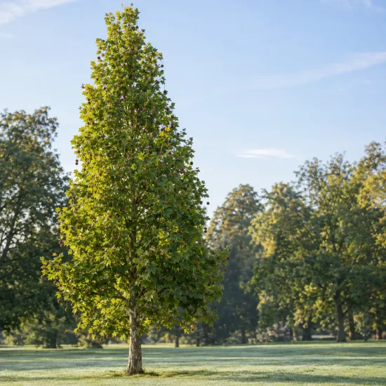 Platane à feuilles d'érable pyramidal 'Pyramidalis' (Platanus × hispanica) — arbre isolé à port pyramidal dans une prairie
