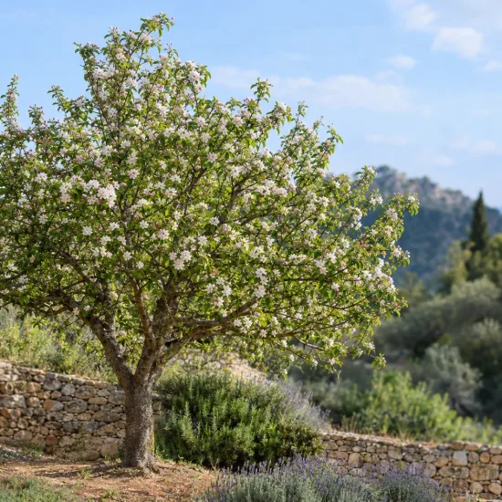 Pommier 'Mm106' (Malus domestica) — arbre en fleurs dans un paysage méditerranéen · Photo d'illustration