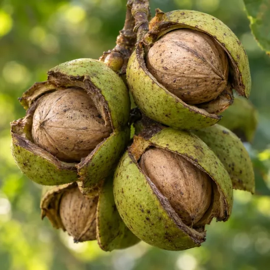 Pacanier blanc (Carya tomentosa) — gros plan de fruits à coque fendus sur branche