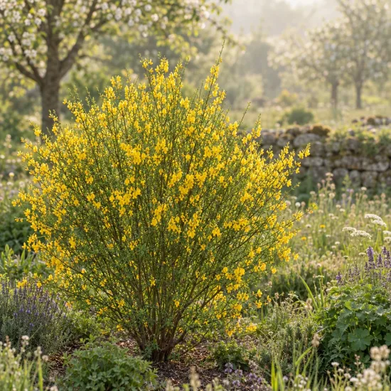 Genêt 'Burkwoodii' (Cytisus) — grand arbuste couvert de fleurs jaunes au jardin · Photo d'illustration
