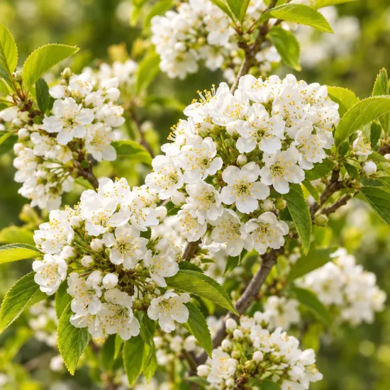 Bois de sainte lucie 'Mahaleb' (Prunus) — grappes de petites fleurs blanches et feuillage vert