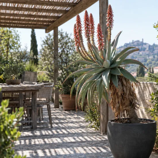 Aloe à tête penchée (Aloe hexapetala) — grand succulent en pot sur terrasse ombragée · Photo d'illustration