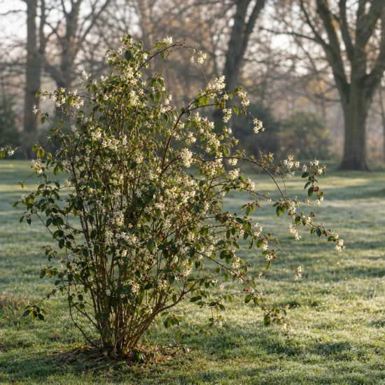 Chèvrefeuille d'hiver (Lonicera fragrantissima) — arbuste fleuri isolé sur pelouse humide · Photo d'illustration