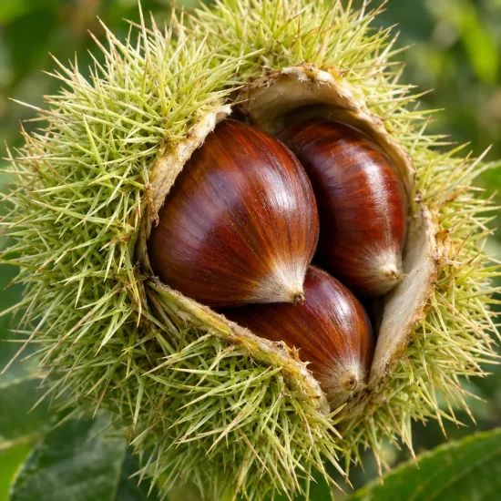 Châtaigner 'Precoce migoule' (Castanea sativa) — bogue ouverte laissant voir trois châtaignes