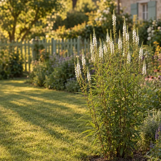 Verveine hastée 'White spires' (Verbena hastata) — grandes hampes florales blanches dans jardin ensoleillé · Photo d'illustration