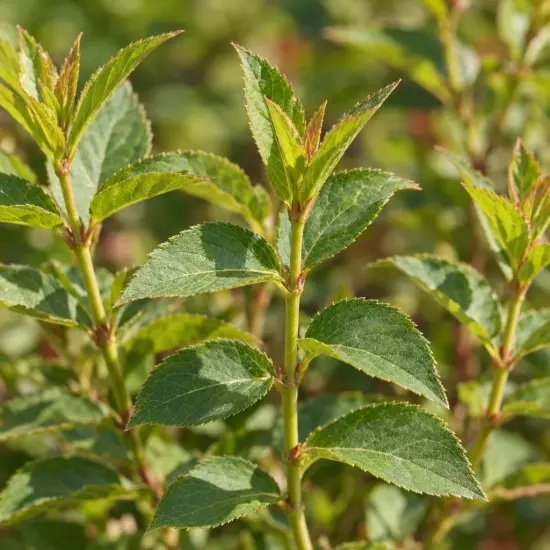 Weigelia 'Red prince' — jeunes tiges dressées au feuillage vert dentelé