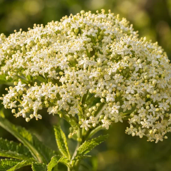 Sureau noir à gros fruits 'haidegg 17' 'Haiddegg 17' (Sambucus nigra) — gros plan sur ombelle de petites fleurs blanches · Photo d'illustration