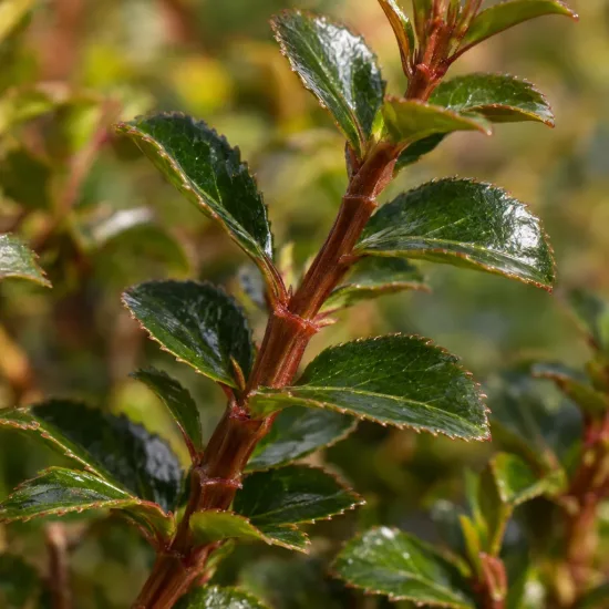 Escallonia à fleur rose (Escallonia organiensis) — gros plan sur tiges rouges et feuilles brillantes · Photo d'illustration