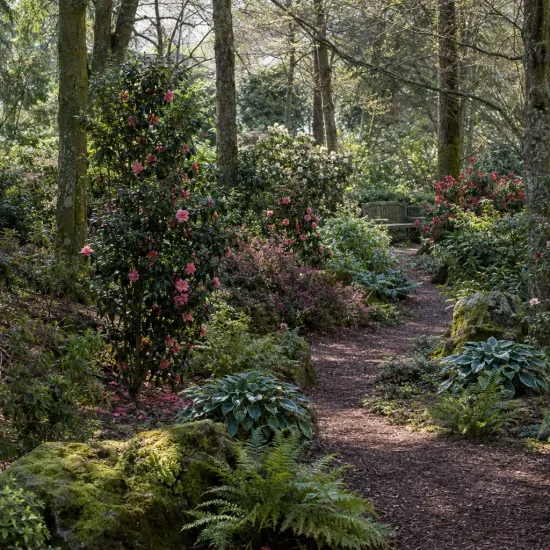 Camelia 'Anticipation' (Camelia japonica) — massif arbustif fleuri le long d’un sentier · Photo d'illustration
