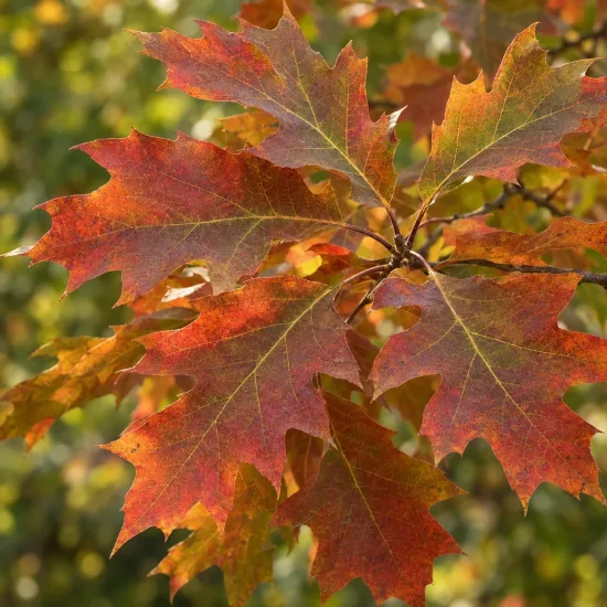 Chêne rouge d'amérique (Quercus rubra) — rameau avec feuillage dentelé aux teintes automnales