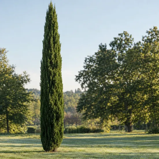 Cyprès d'italie 'Bolgheri' (Cupressus sempervirens) — conifère élancé isolé dans un grand jardin · Photo d'illustration