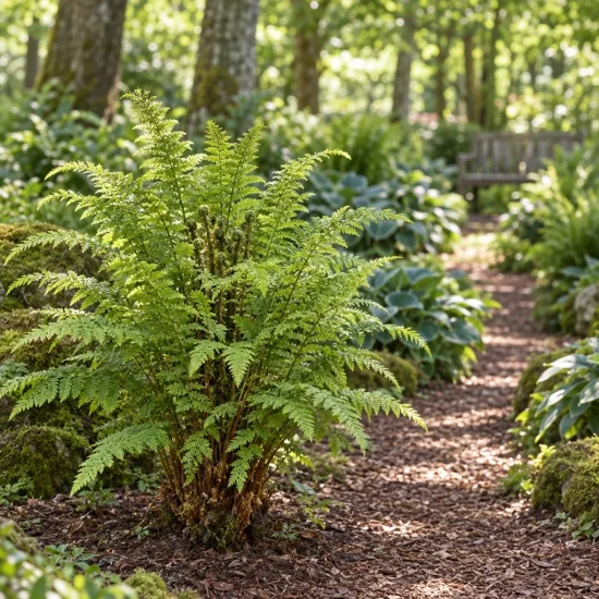 Fougère mâle 'Filix mas' (Dryopteris) — fougère vigoureuse au bord d’un sentier forestier
