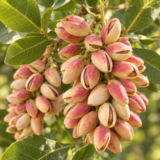 Pistachier à fruits 'Kerman femelle' (Pistacia vera) — grappes de fruits mûrs sur rameaux feuillus