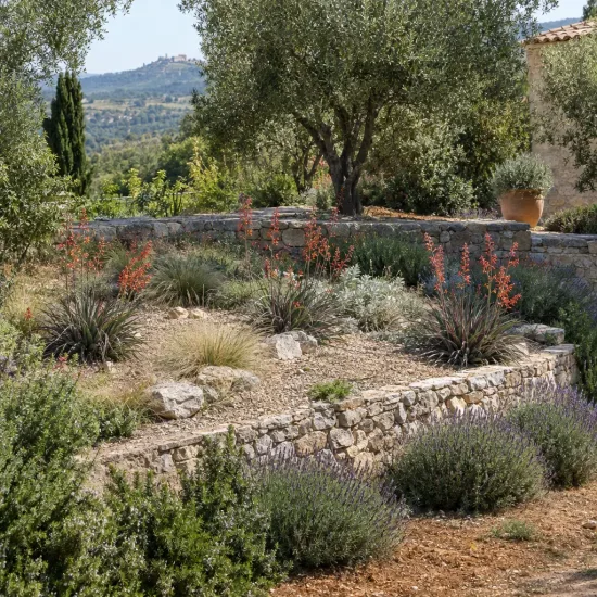 Yucca rouge 'Rubra' (Hesperaloe parviflora) — massif sec avec touffes et hautes hampes fleuries