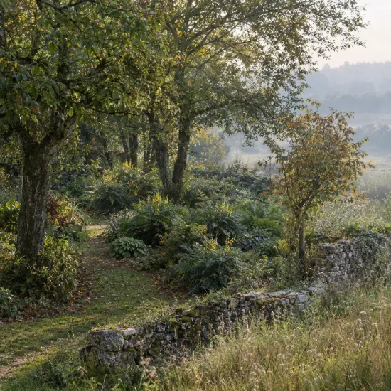 Mahonia 'Softcaress' (Mahonia eyrybracteata) — massif de sous-bois le long d’un muret en pierre · Photo d'illustration