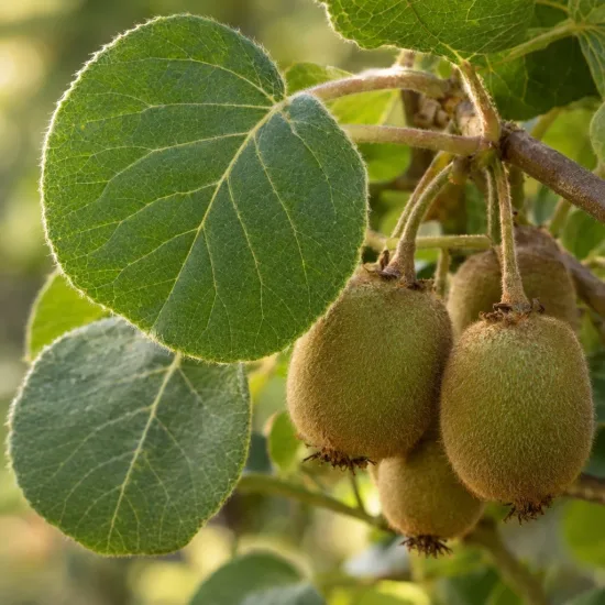 Kiwi 'Herma' (Actinidia deliciosa) — groupe de fruits mûrs sous grand feuillage · Photo d'illustration