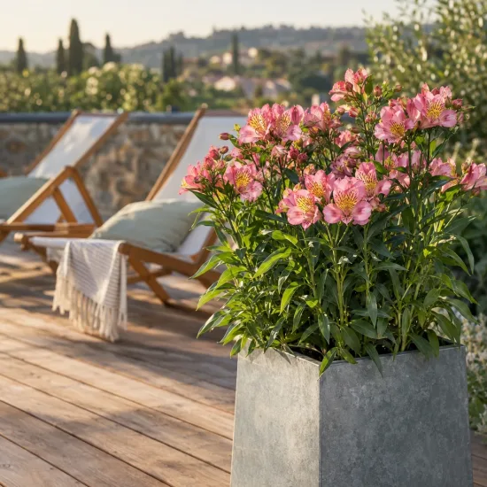 Alstrœmères (Alstroemeria pierre) — grand massif fleuri en pot sur terrasse · Photo d'illustration