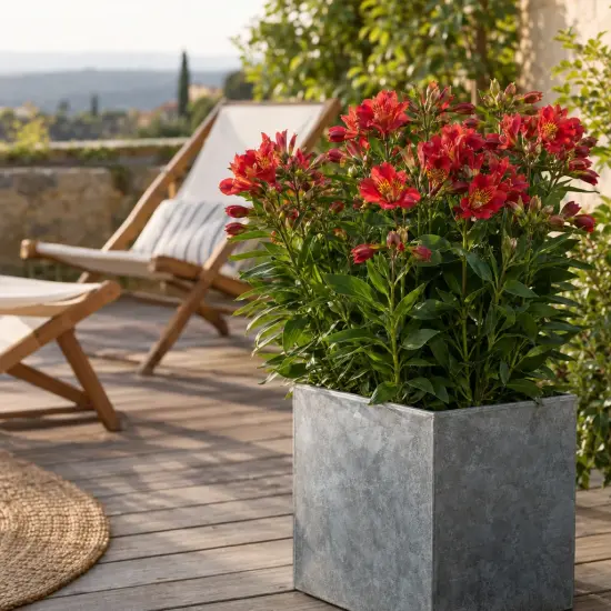 Lys des incas 'Summer pepper' (Alstroemeria) — plante fleurie rouge en pot carré sur terrasse