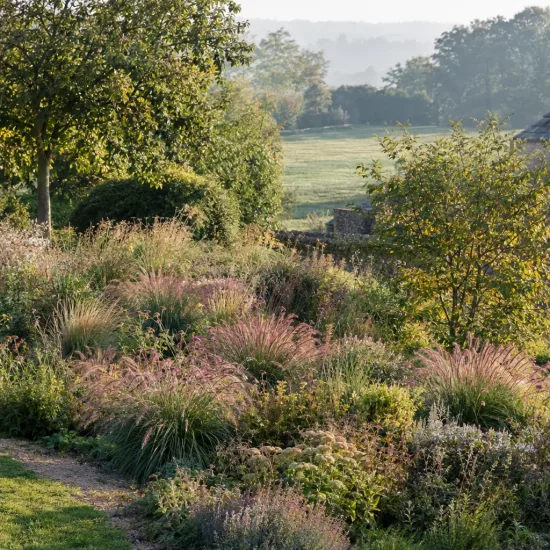 Herbe aux écouvillons 'Karley rose' (Pennisetum orientale) — massif naturel de graminées et vivaces au jardin · Photo d'illustration