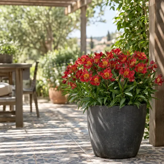 Alstrœmères (Alstroemeria) — plante fleurie rouge en grand pot sur terrasse · Photo d'illustration