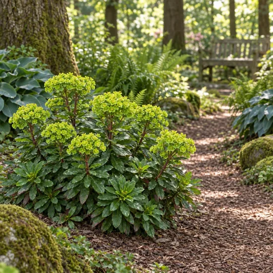 Euphorbe 'Robbiae' (Euphorbia) — touffe de vivace fleurie en sous-bois · Photo d'illustration