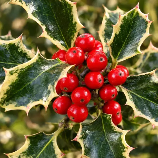 Houx commun 'Argenteomarginata' (Ilex aquifolium) — gros plan de feuilles épineuses et baies rouges