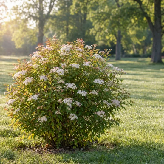 Spirée du japon 'Shirobana' (Spiraea japonica) — arbuste fleuri isolé sur pelouse ensoleillée · Photo d'illustration