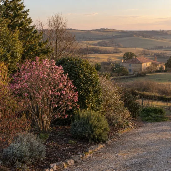 Viorne 'Aberconway' (Viburnum bodnantense) — grand arbuste à fleurs roses bordant allée gravillonnée · Photo d'illustration