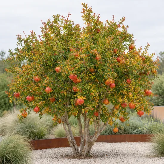 Grand grenadier à fruit 'Provence' (Punica granatum) — arbuste fruitier touffu avec nombreux gros fruits · Photo d'illustration
