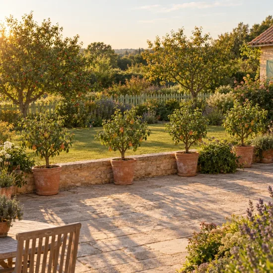 Poirier 'Garden gem' (Pyrus communis) — petits arbres fruitiers en pot sur terrasse ensoleillée