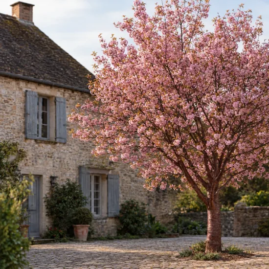 Cerisier à fleurs de sargent (Prunus sargentii) — arbre en fleurs roses devant maison en pierre · Photo d'illustration