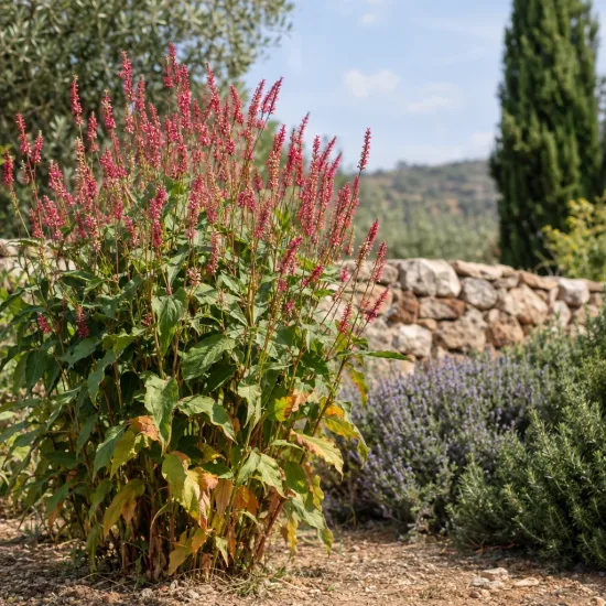 Persicaire 'Speciosa' (Persicaria amplexicaulis) — grand massif fleuri devant muret en pierre · Photo d'illustration