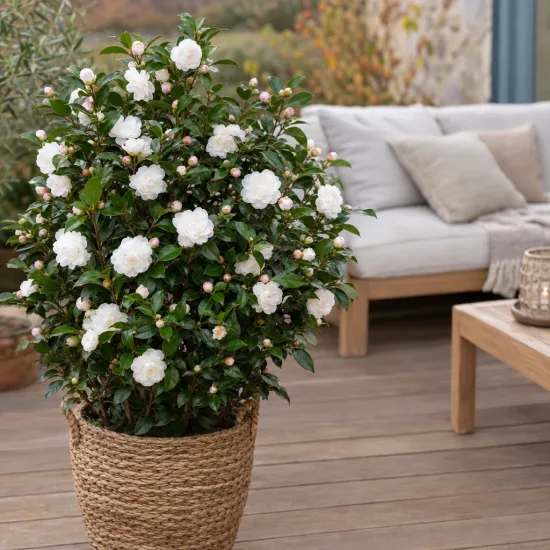 Camelia 'Early pearly' (Camelia sasanqua) — arbuste fleuri en pot sur terrasse aménagée · Photo d'illustration