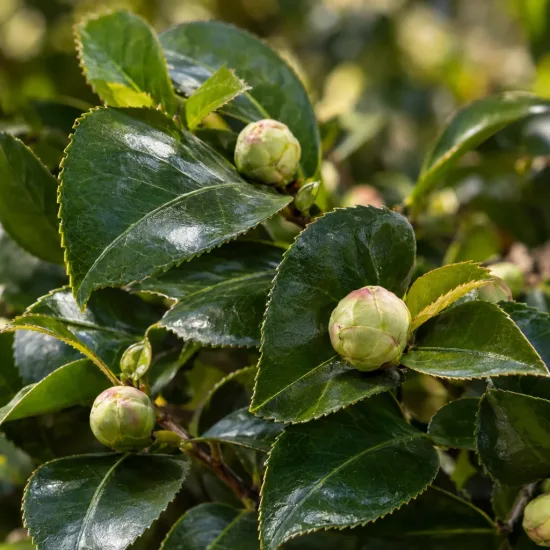 Camelia 'Man size' (Camelia japonica) — gros plan sur boutons floraux parmi feuillage luisant · Photo d'illustration