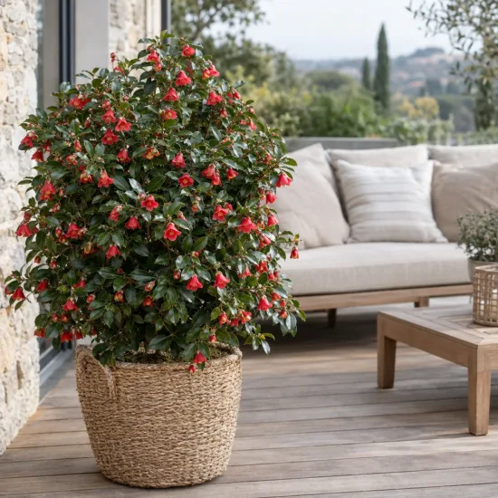 Camelia 'Freedom bell' (Camelia japonica) — arbuste fleuri rouge en pot tressé sur terrasse · Photo d'illustration