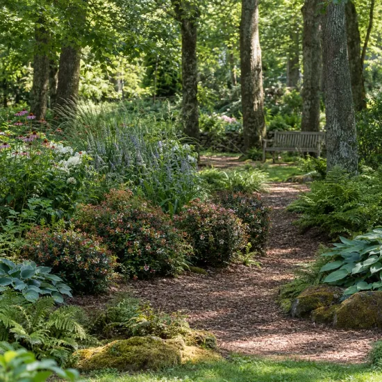 Abelia de chine 'Little richard' (Abelia zanderi) — massif arbustif fleuri le long d’un sentier forestier · Photo d'illustration