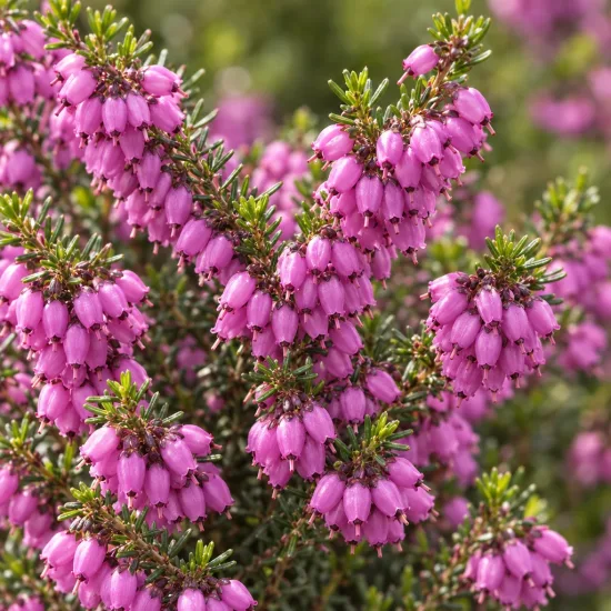 Bruyère 'George rendall rose pourpre' (Erica darleyensis) — grappes de petites clochettes roses sur feuillage vert