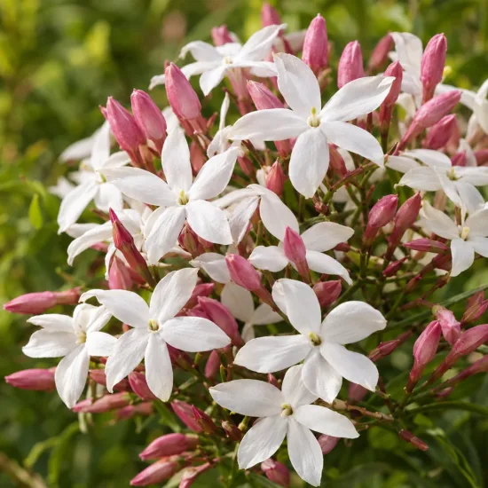 Jasmin blanc 'Night mormin' (Jasminum) — grappe de fleurs étoilées blanches et boutons roses