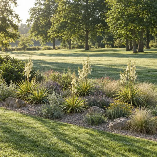 Yucca 'Golden sword' (Yucca flaccida) — massif de plantes graphiques en fleurs au jardin · Photo d'illustration